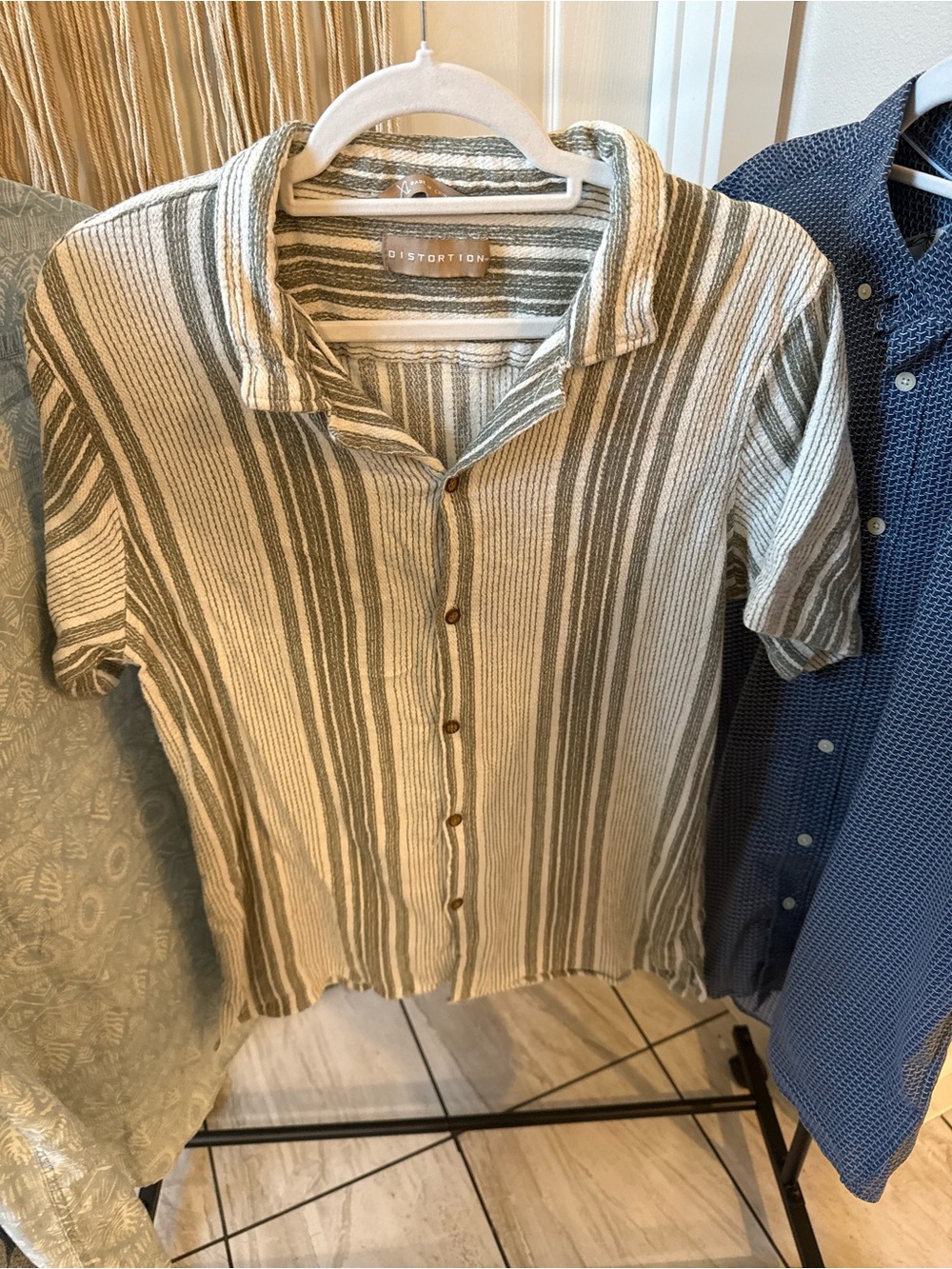 Distortion Short-Sleeve Striped Button-Down Shirt in Olive & Cream